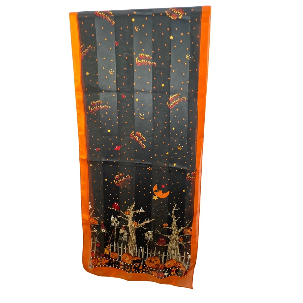Happy Halloween Sheer Scarf Black Orange Pumpkin Owl Star Spooky Accessory